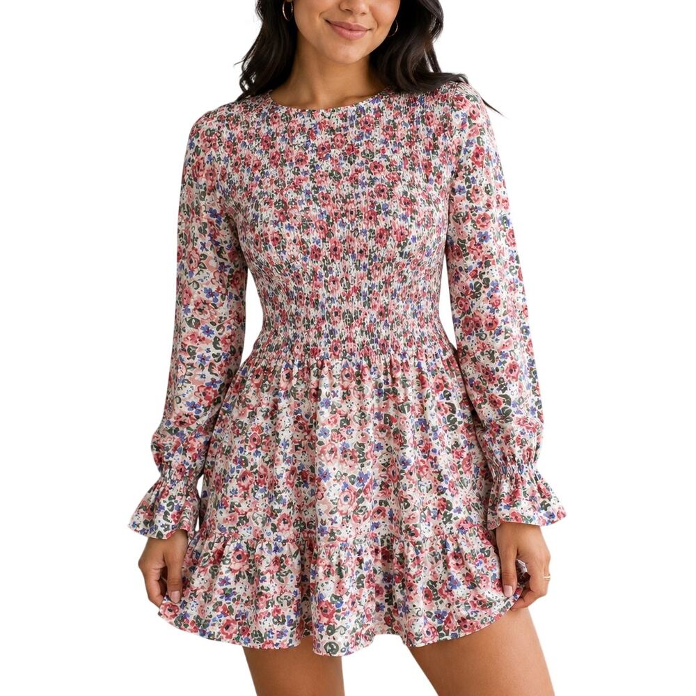 Pink Lily Floral Smocked Long Sleeve Mini Dress Cottagecore Size Medium